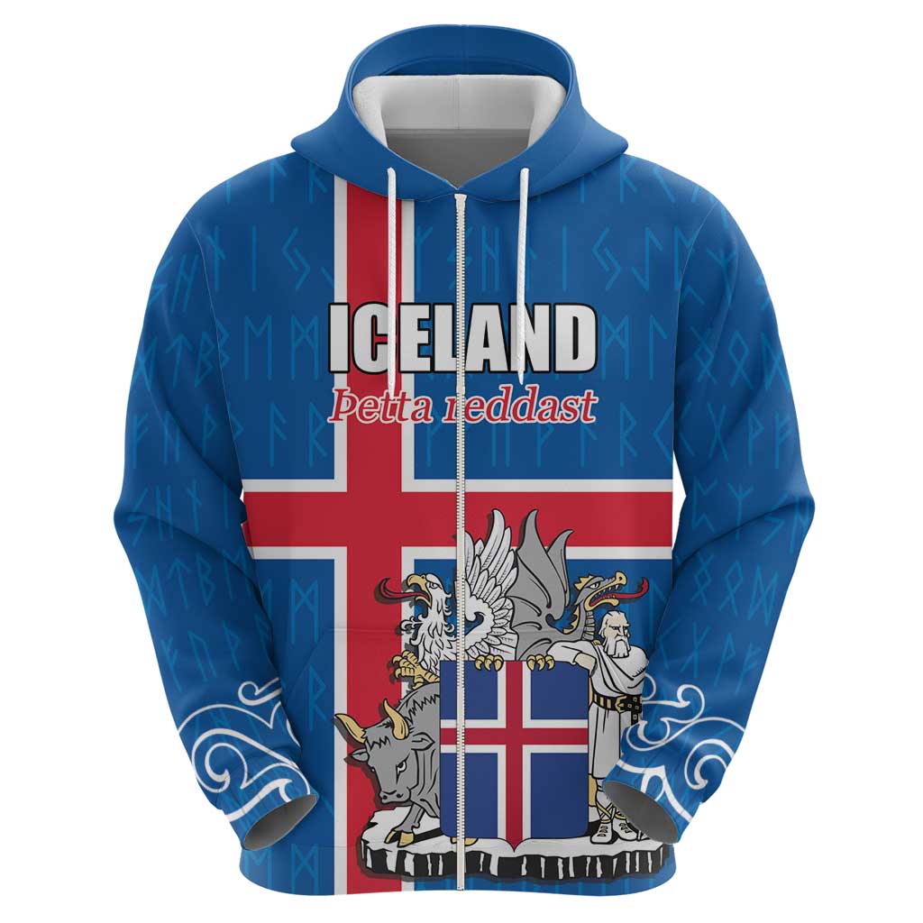 Personalized Iceland Coat of Arms Hoodie Runic Alphabet Viking Runes Pattern