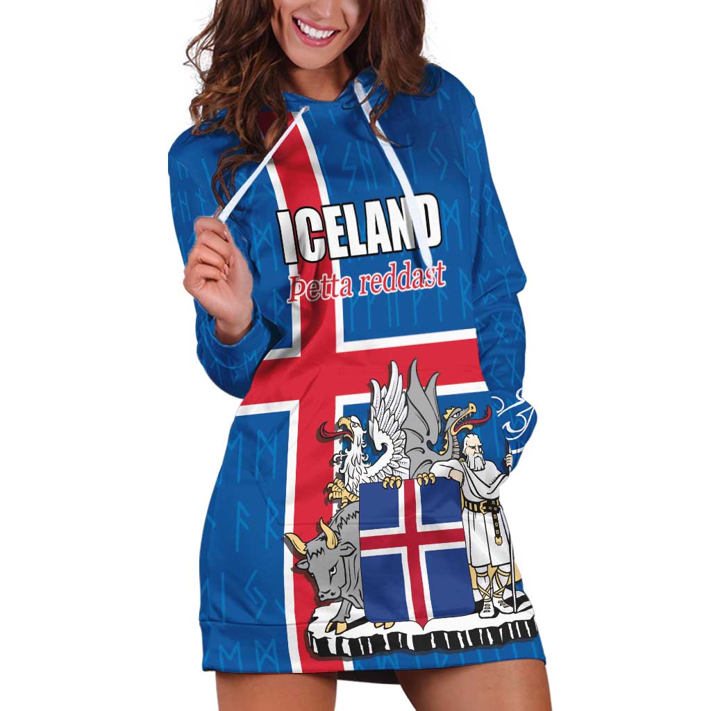 Personalized Iceland Coat of Arms Hoodie Dress Runic Alphabet Viking Runes Pattern