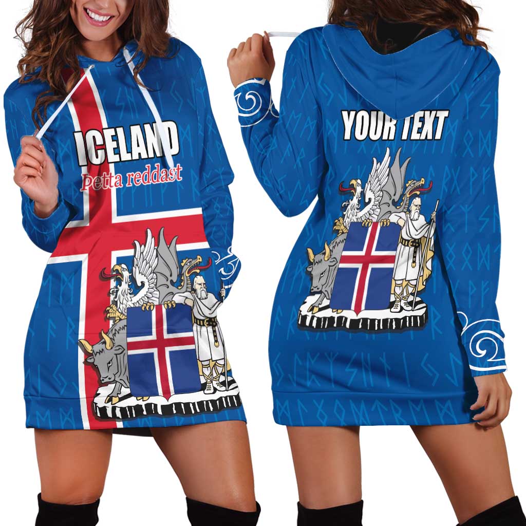 Personalized Iceland Coat of Arms Hoodie Dress Runic Alphabet Viking Runes Pattern