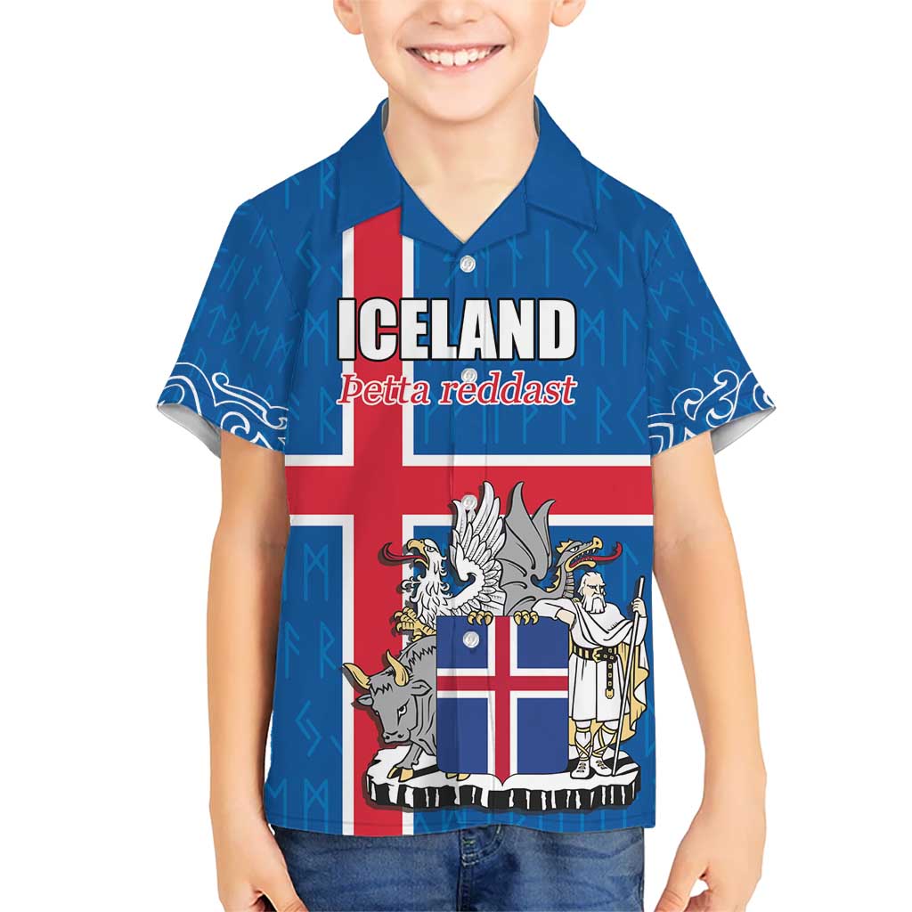Personalized Iceland Coat of Arms Kid Hawaiian Shirt Runic Alphabet Viking Runes Pattern