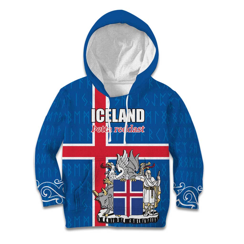 Personalized Iceland Coat of Arms Kid Hoodie Runic Alphabet Viking Runes Pattern