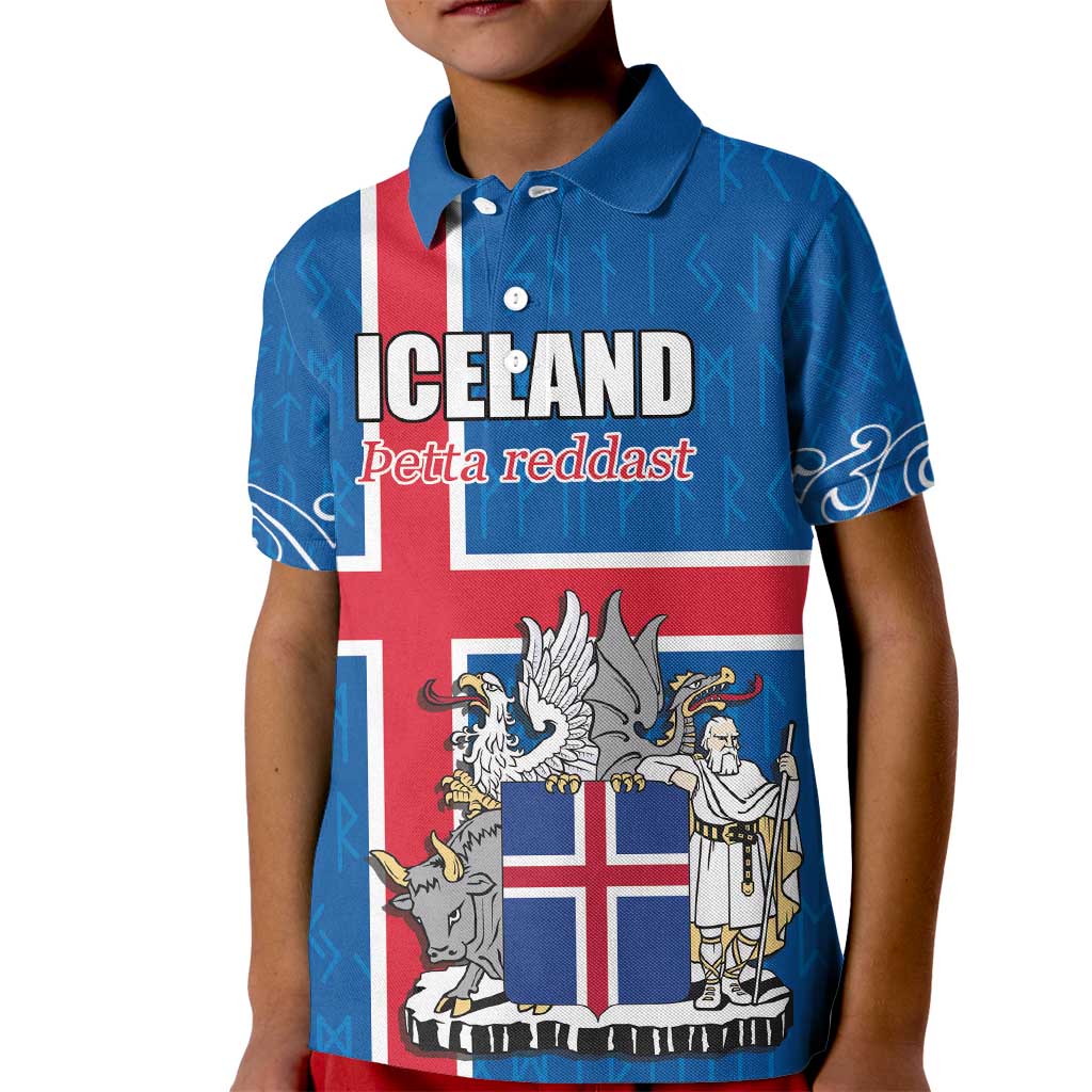 Personalized Iceland Coat of Arms Kid Polo Shirt Runic Alphabet Viking Runes Pattern