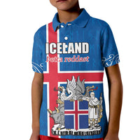 Personalized Iceland Coat of Arms Kid Polo Shirt Runic Alphabet Viking Runes Pattern