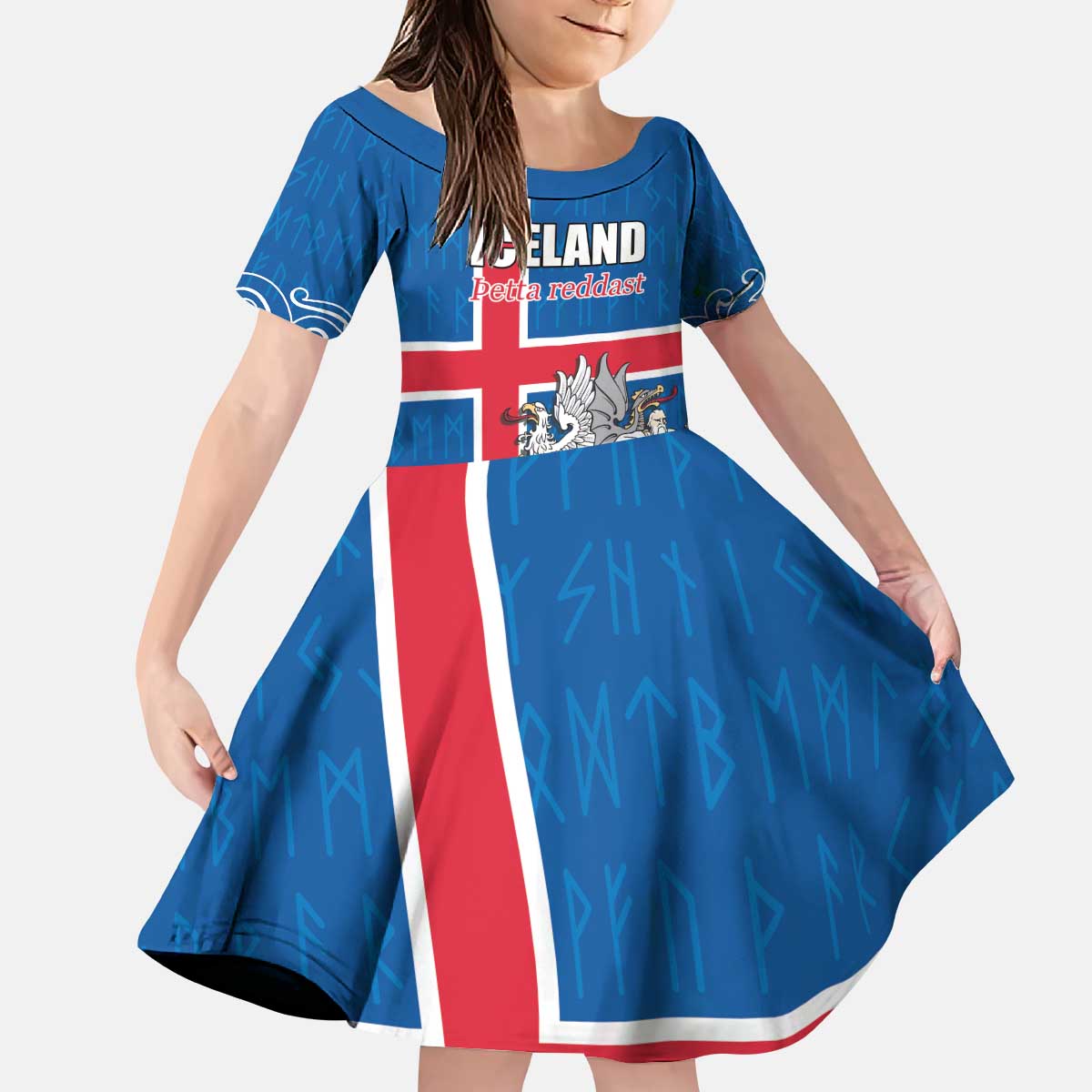 Personalized Iceland Coat of Arms Kid Short Sleeve Dress Runic Alphabet Viking Runes Pattern