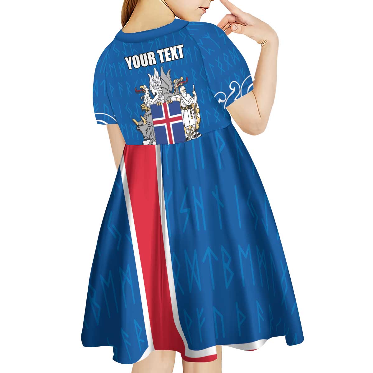 Personalized Iceland Coat of Arms Kid Short Sleeve Dress Runic Alphabet Viking Runes Pattern