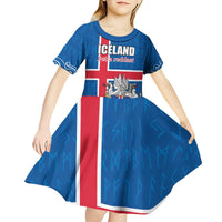 Personalized Iceland Coat of Arms Kid Short Sleeve Dress Runic Alphabet Viking Runes Pattern