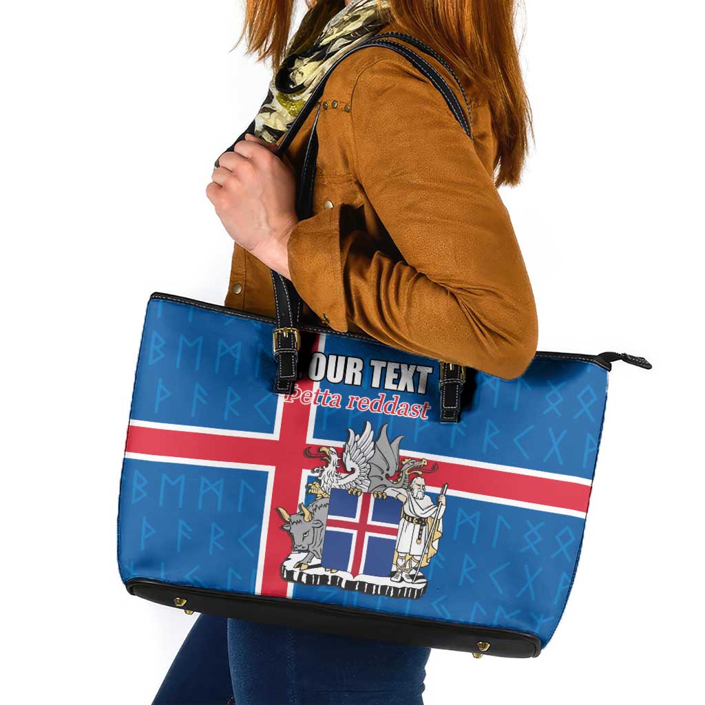 Personalized Iceland Coat of Arms Leather Tote Bag Runic Alphabet Viking Runes Pattern