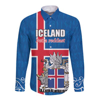 Personalized Iceland Coat of Arms Long Sleeve Button Shirt Runic Alphabet Viking Runes Pattern