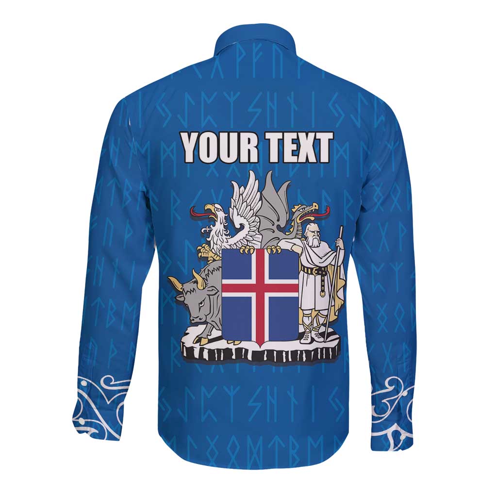 Personalized Iceland Coat of Arms Long Sleeve Button Shirt Runic Alphabet Viking Runes Pattern
