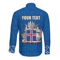 Personalized Iceland Coat of Arms Long Sleeve Button Shirt Runic Alphabet Viking Runes Pattern