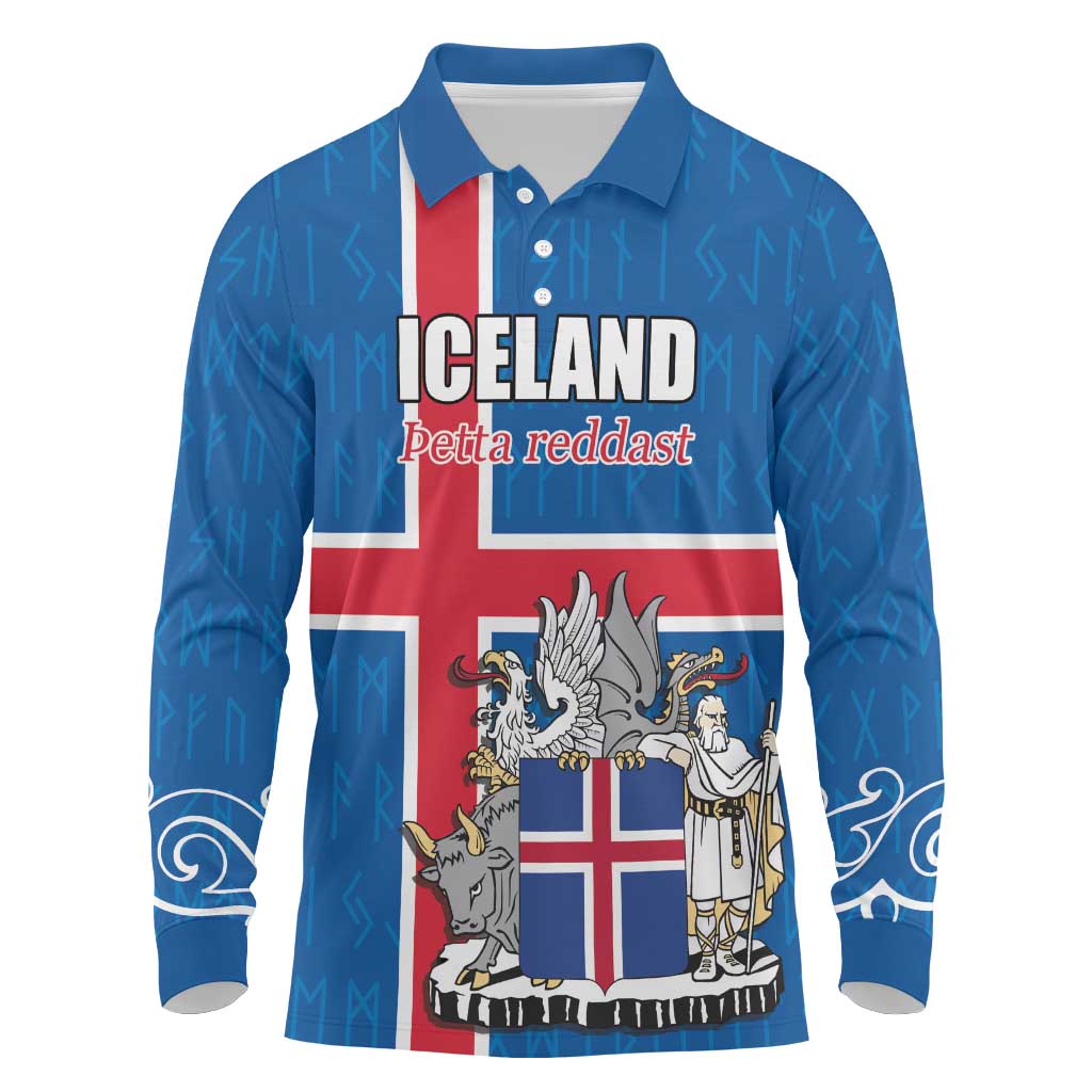 Personalized Iceland Coat of Arms Long Sleeve Polo Shirt Runic Alphabet Viking Runes Pattern