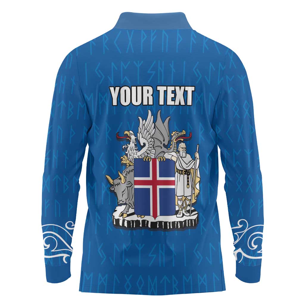 Personalized Iceland Coat of Arms Long Sleeve Polo Shirt Runic Alphabet Viking Runes Pattern