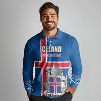 Personalized Iceland Coat of Arms Long Sleeve Polo Shirt Runic Alphabet Viking Runes Pattern