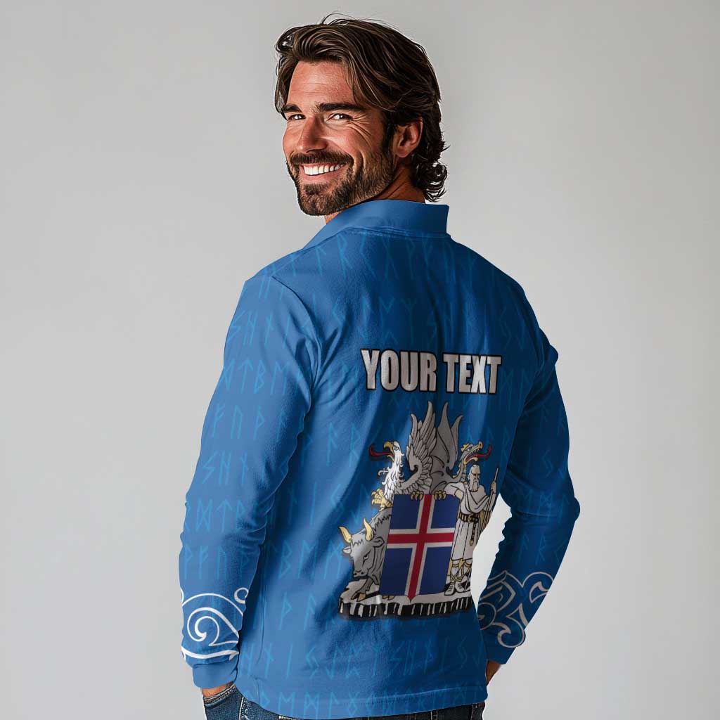 Personalized Iceland Coat of Arms Long Sleeve Polo Shirt Runic Alphabet Viking Runes Pattern