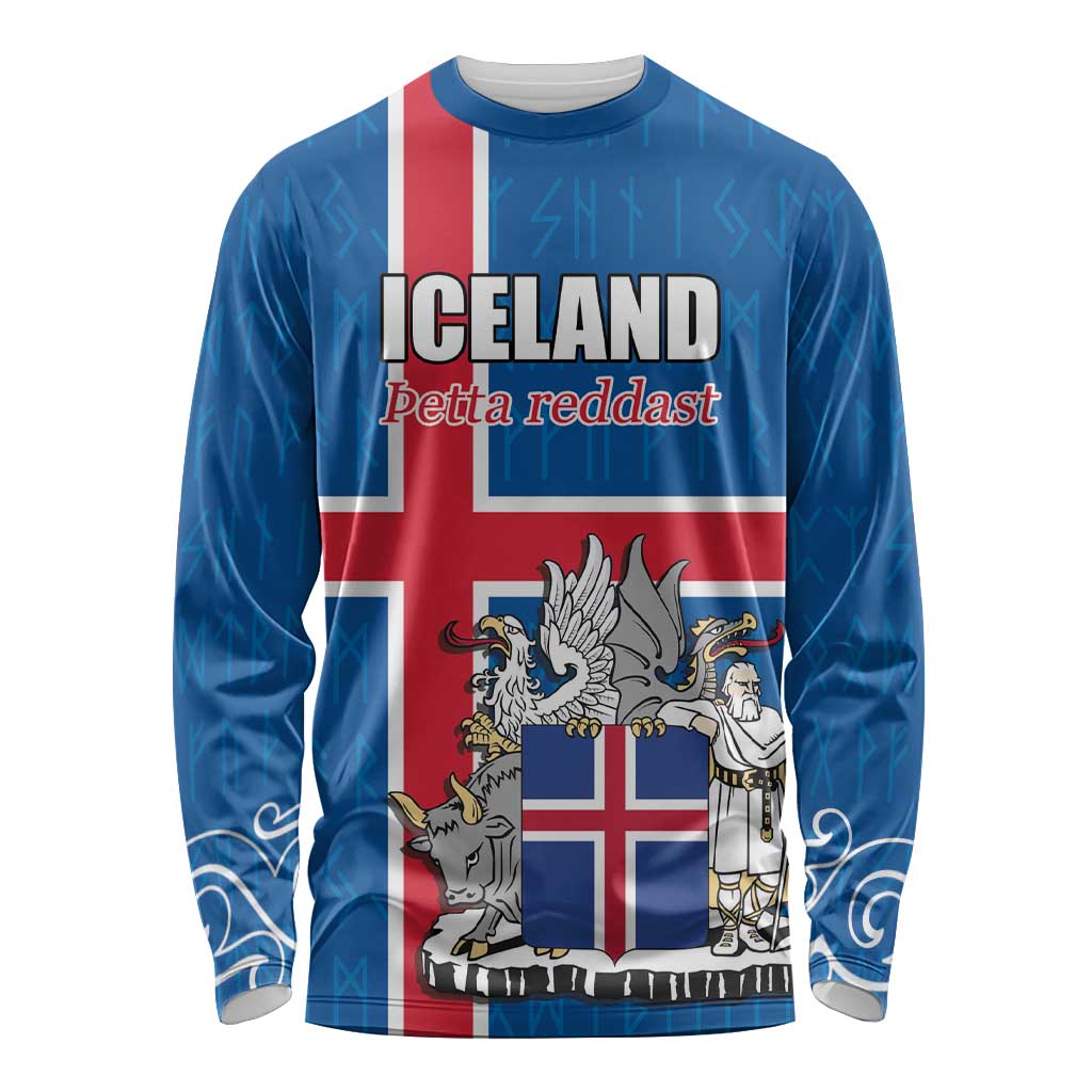 Personalized Iceland Coat of Arms Long Sleeve Shirt Runic Alphabet Viking Runes Pattern