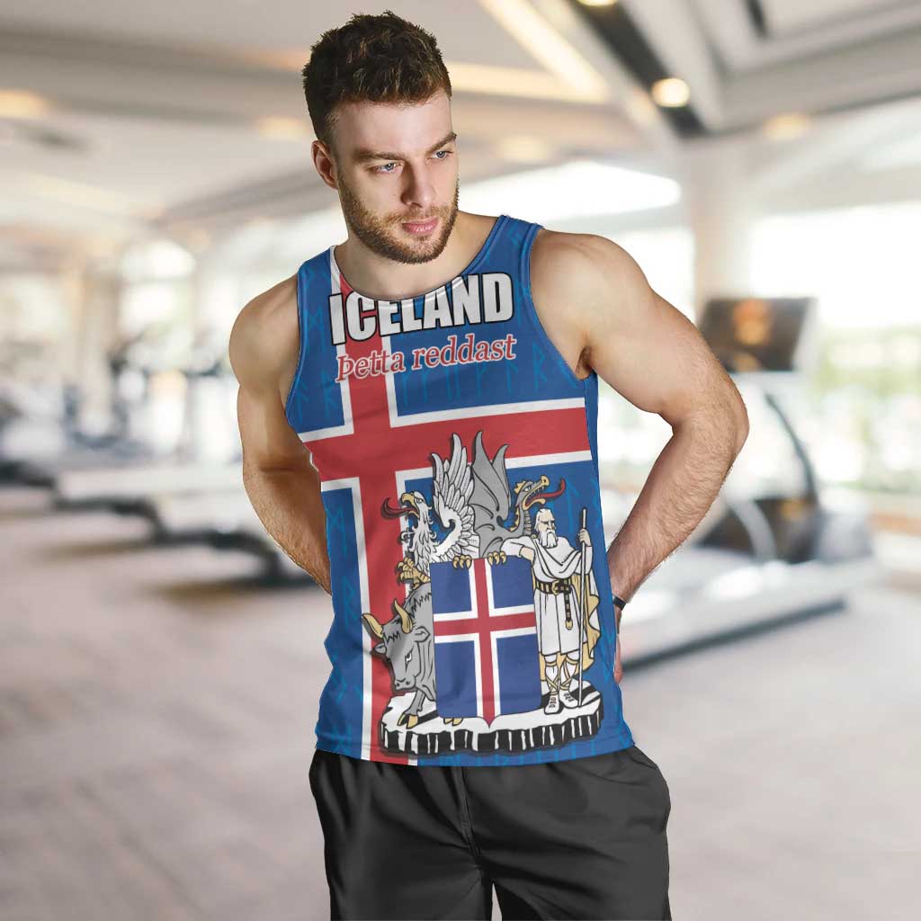 Personalized Iceland Coat of Arms Men Tank Top Runic Alphabet Viking Runes Pattern