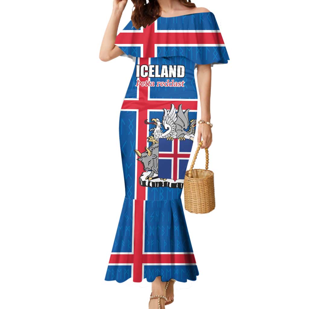 Personalized Iceland Coat of Arms Mermaid Dress Runic Alphabet Viking Runes Pattern