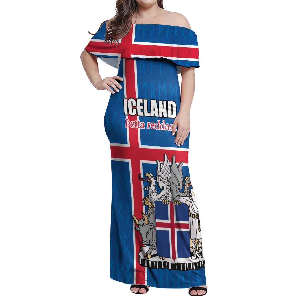Personalized Iceland Coat of Arms Off Shoulder Maxi Dress Runic Alphabet Viking Runes Pattern