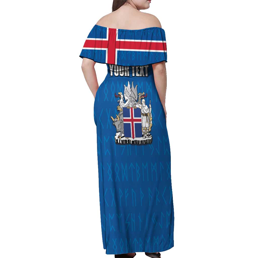 Personalized Iceland Coat of Arms Off Shoulder Maxi Dress Runic Alphabet Viking Runes Pattern