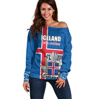 Personalized Iceland Coat of Arms Off Shoulder Sweater Runic Alphabet Viking Runes Pattern
