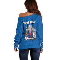 Personalized Iceland Coat of Arms Off Shoulder Sweater Runic Alphabet Viking Runes Pattern