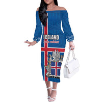 Personalized Iceland Coat of Arms Off The Shoulder Long Sleeve Dress Runic Alphabet Viking Runes Pattern