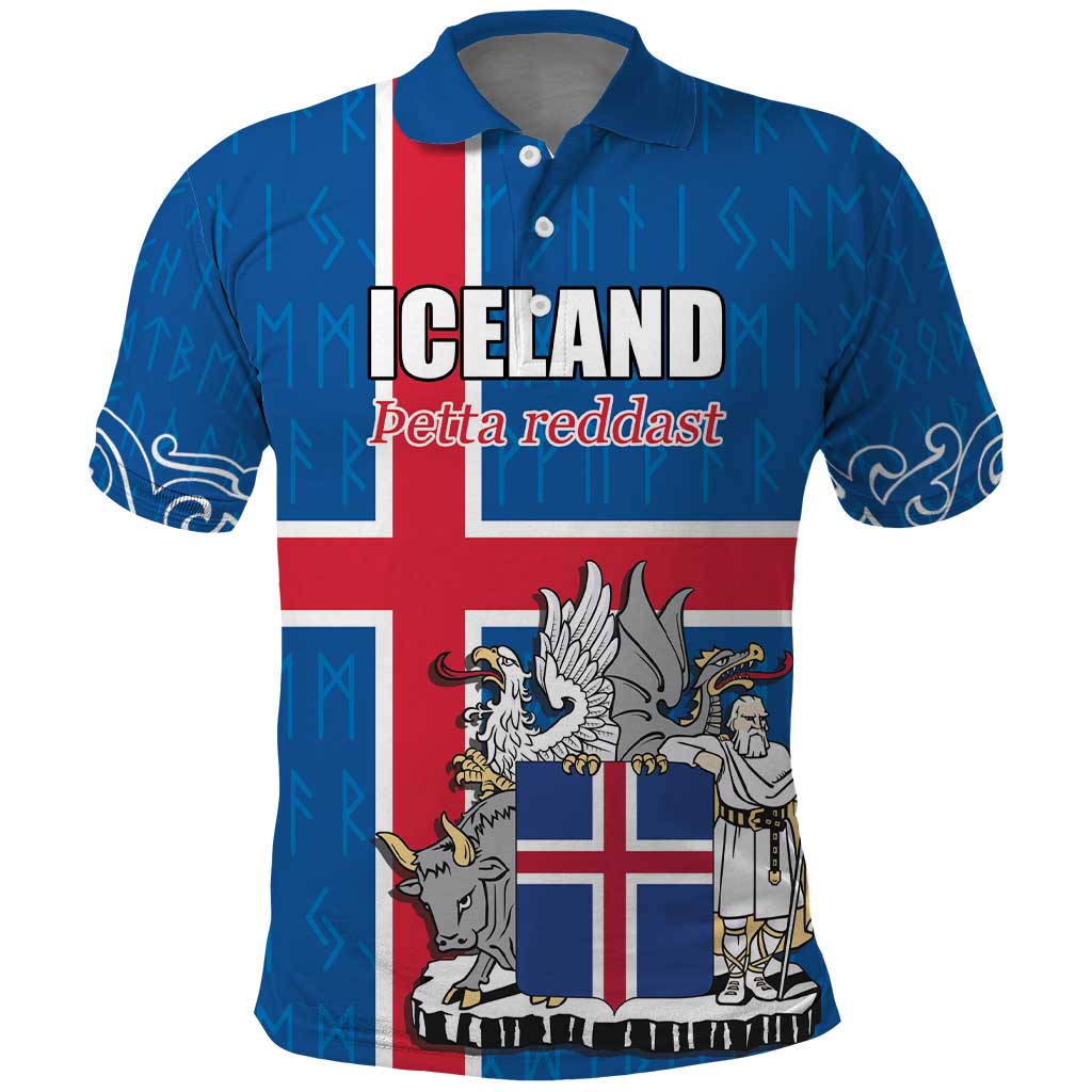Personalized Iceland Coat of Arms Polo Shirt Runic Alphabet Viking Runes Pattern