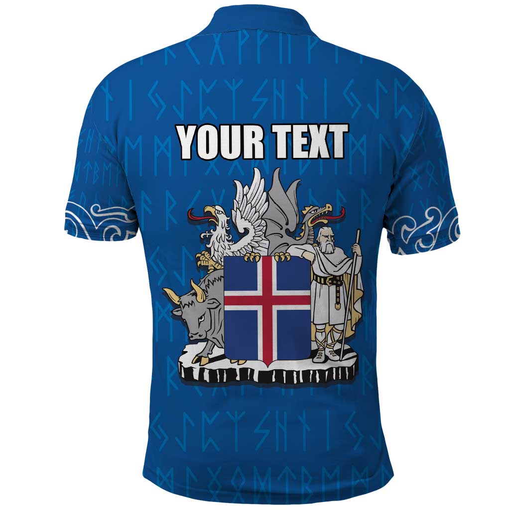 Personalized Iceland Coat of Arms Polo Shirt Runic Alphabet Viking Runes Pattern