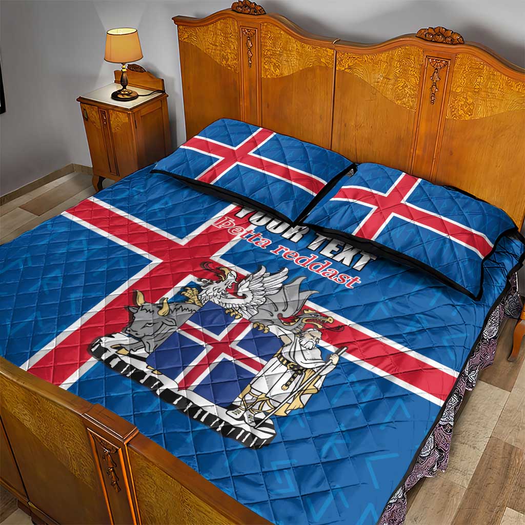 Personalized Iceland Coat of Arms Quilt Bed Set Runic Alphabet Viking Runes Pattern