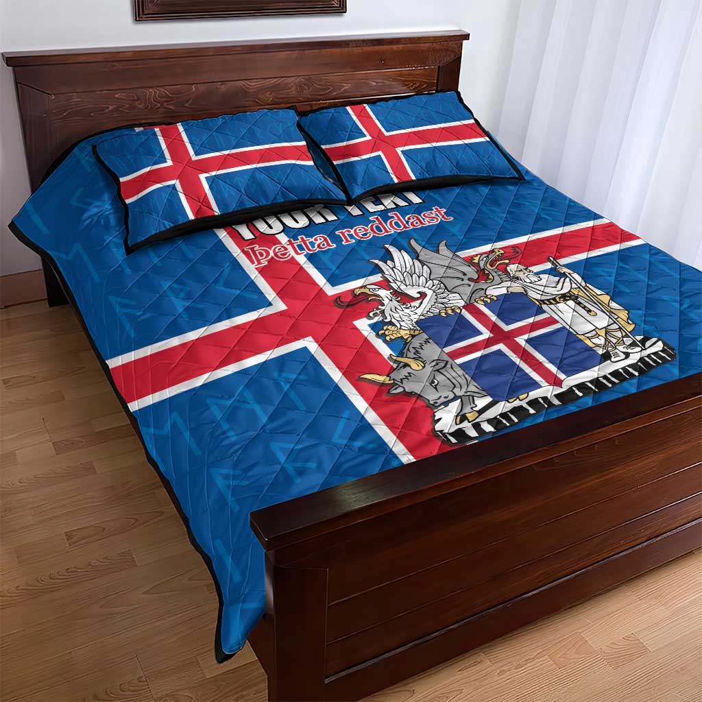 Personalized Iceland Coat of Arms Quilt Bed Set Runic Alphabet Viking Runes Pattern