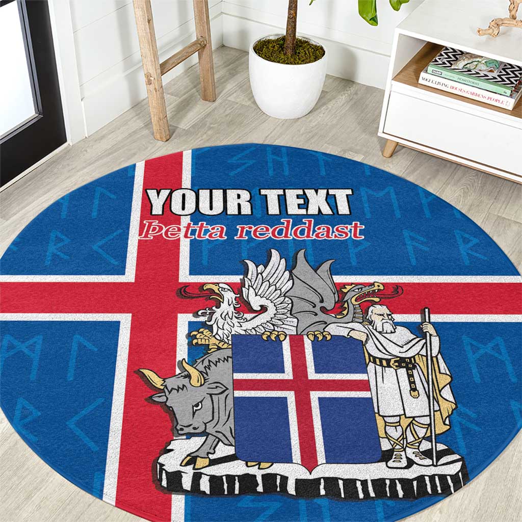 Personalized Iceland Coat of Arms Round Carpet Runic Alphabet Viking Runes Pattern