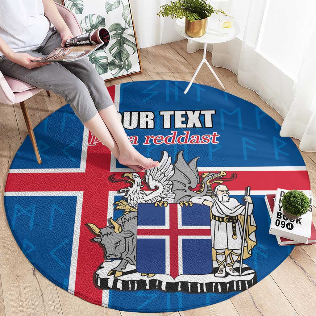 Personalized Iceland Coat of Arms Round Carpet Runic Alphabet Viking Runes Pattern