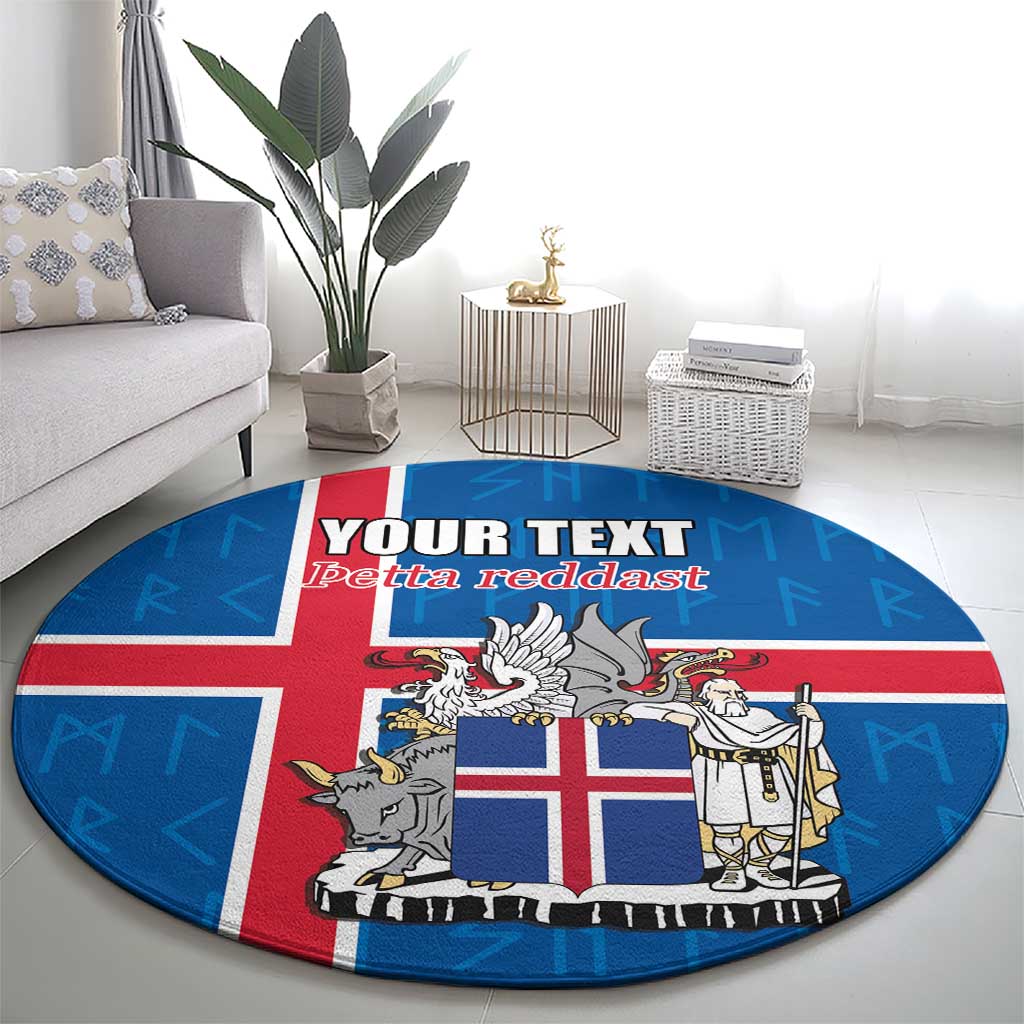 Personalized Iceland Coat of Arms Round Carpet Runic Alphabet Viking Runes Pattern
