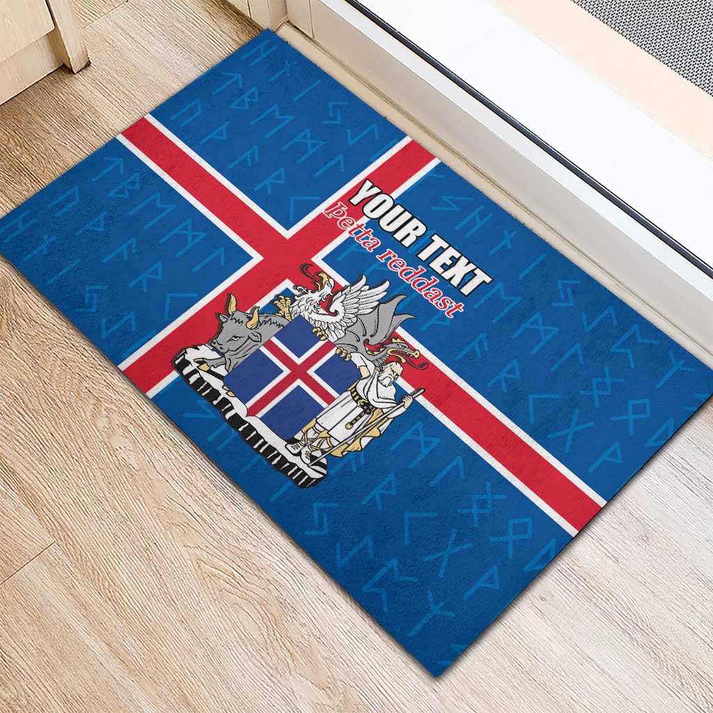 Personalized Iceland Coat of Arms Rubber Doormat Runic Alphabet Viking Runes Pattern