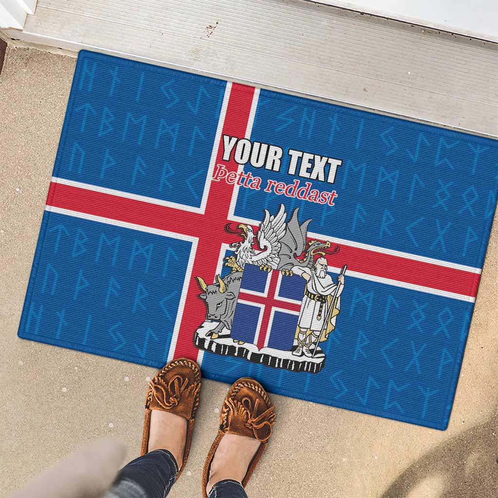 Personalized Iceland Coat of Arms Rubber Doormat Runic Alphabet Viking Runes Pattern