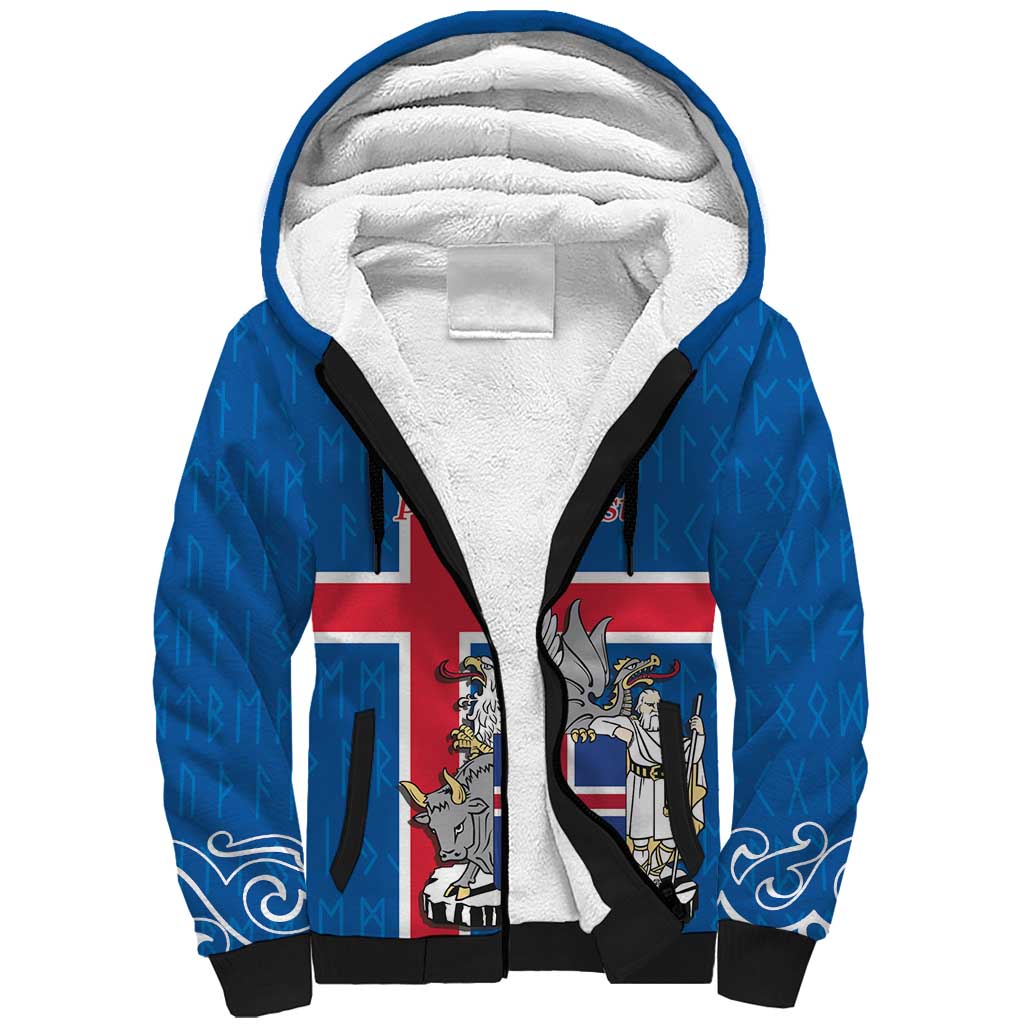 Personalized Iceland Coat of Arms Sherpa Hoodie Runic Alphabet Viking Runes Pattern