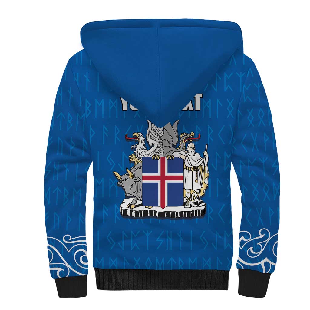 Personalized Iceland Coat of Arms Sherpa Hoodie Runic Alphabet Viking Runes Pattern