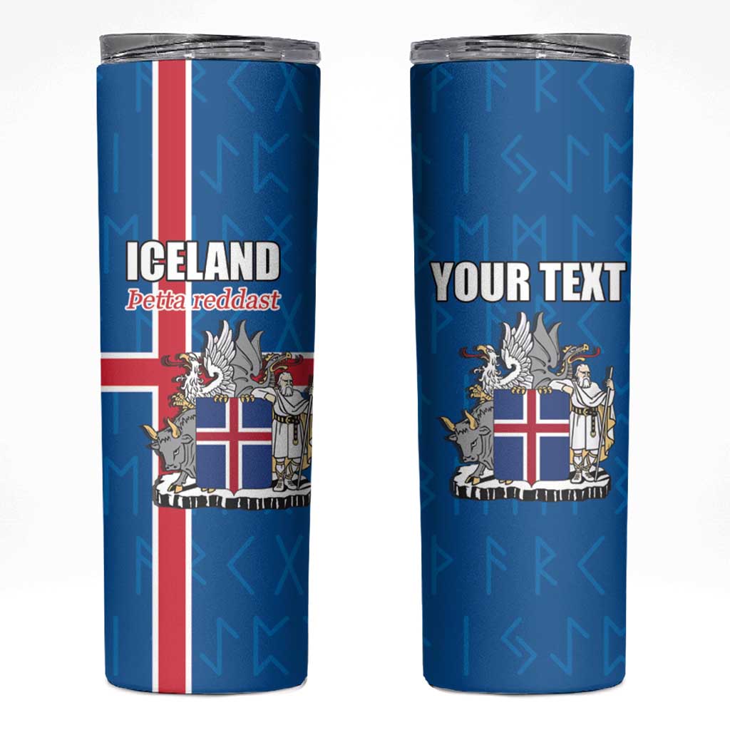 Personalized Iceland Coat of Arms Skinny Tumbler Runic Alphabet Viking Runes Pattern
