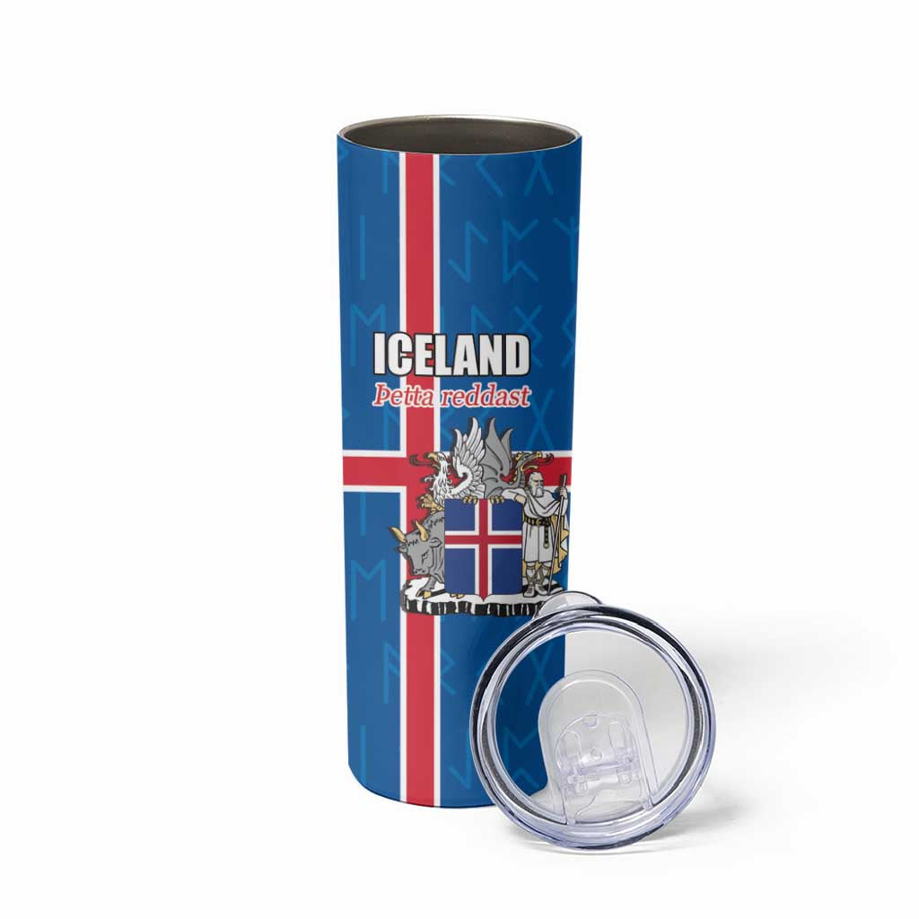 Personalized Iceland Coat of Arms Skinny Tumbler Runic Alphabet Viking Runes Pattern
