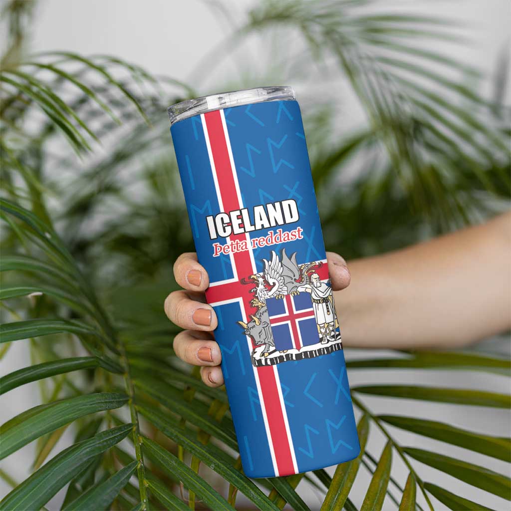 Personalized Iceland Coat of Arms Skinny Tumbler Runic Alphabet Viking Runes Pattern