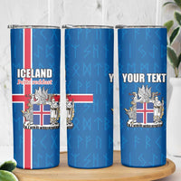 Personalized Iceland Coat of Arms Skinny Tumbler Runic Alphabet Viking Runes Pattern