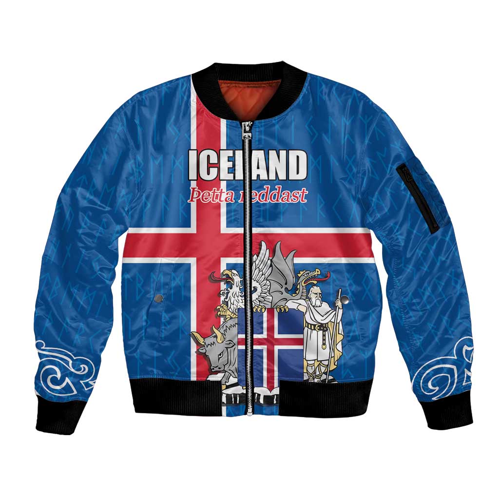 Personalized Iceland Coat of Arms Sleeve Zip Bomber Jacket Runic Alphabet Viking Runes Pattern