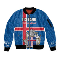 Personalized Iceland Coat of Arms Sleeve Zip Bomber Jacket Runic Alphabet Viking Runes Pattern