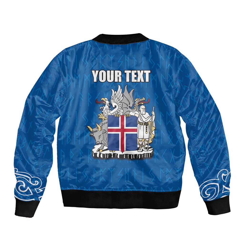 Personalized Iceland Coat of Arms Sleeve Zip Bomber Jacket Runic Alphabet Viking Runes Pattern