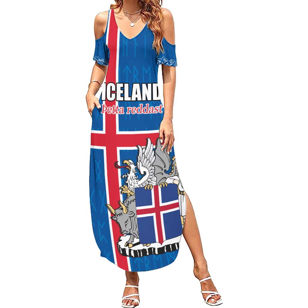 Personalized Iceland Coat of Arms Summer Maxi Dress Runic Alphabet Viking Runes Pattern