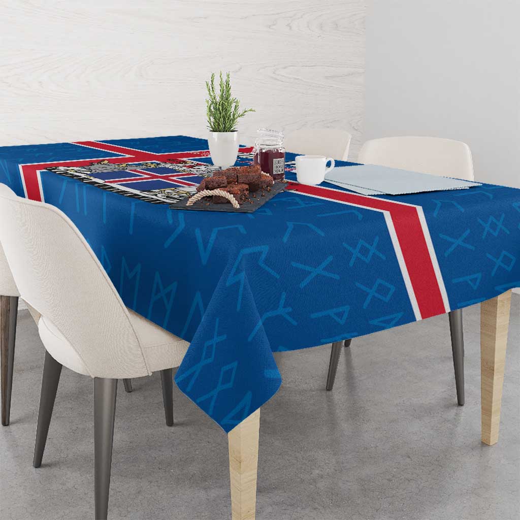 Personalized Iceland Coat of Arms Tablecloth Runic Alphabet Viking Runes Pattern