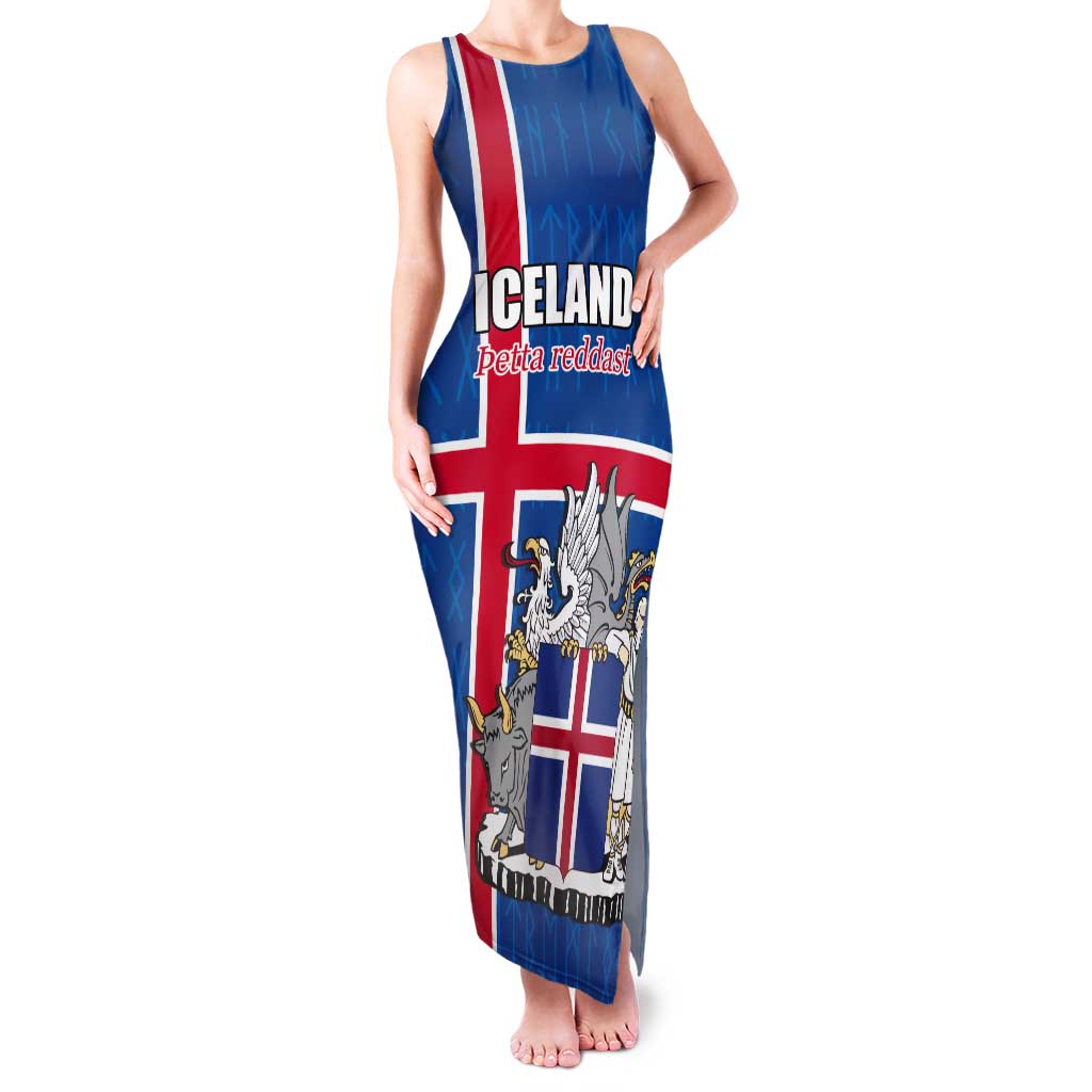 Personalized Iceland Coat of Arms Tank Maxi Dress Runic Alphabet Viking Runes Pattern