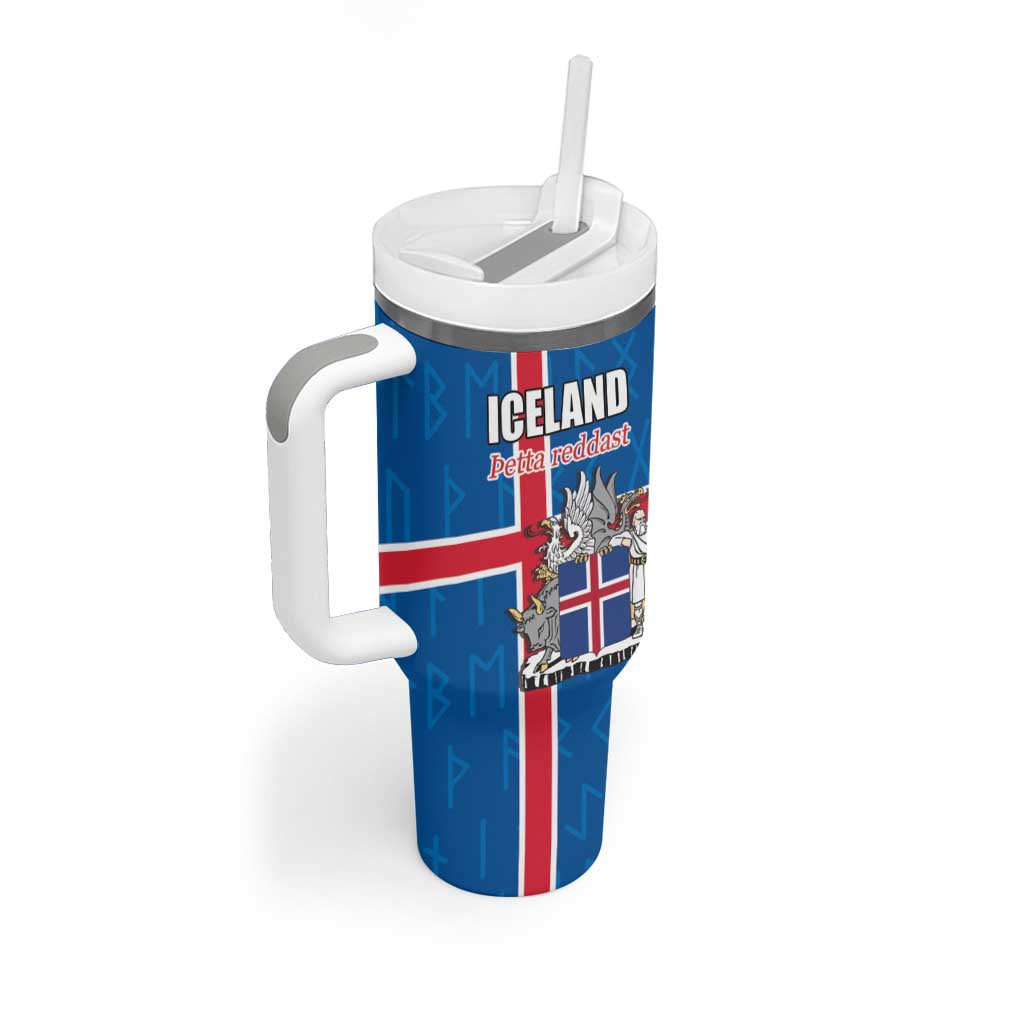 Personalized Iceland Coat of Arms Tumbler With Handle Runic Alphabet Viking Runes Pattern