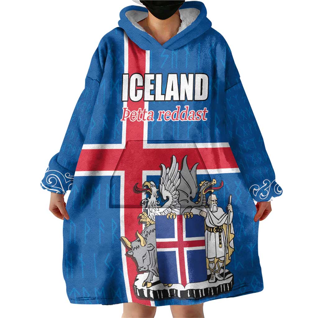 Personalized Iceland Coat of Arms Wearable Blanket Hoodie Runic Alphabet Viking Runes Pattern