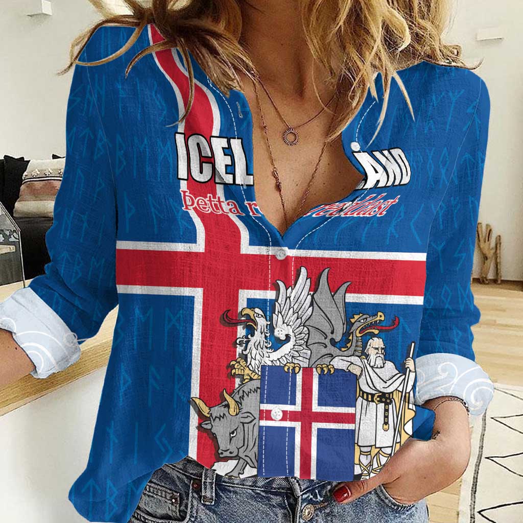 Personalized Iceland Coat of Arms Women Casual Shirt Runic Alphabet Viking Runes Pattern